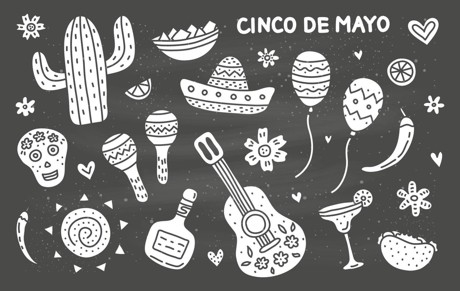 conjunto de ícones de doodle para celebração de cinco de maio isolado no quadro-negro. vetor