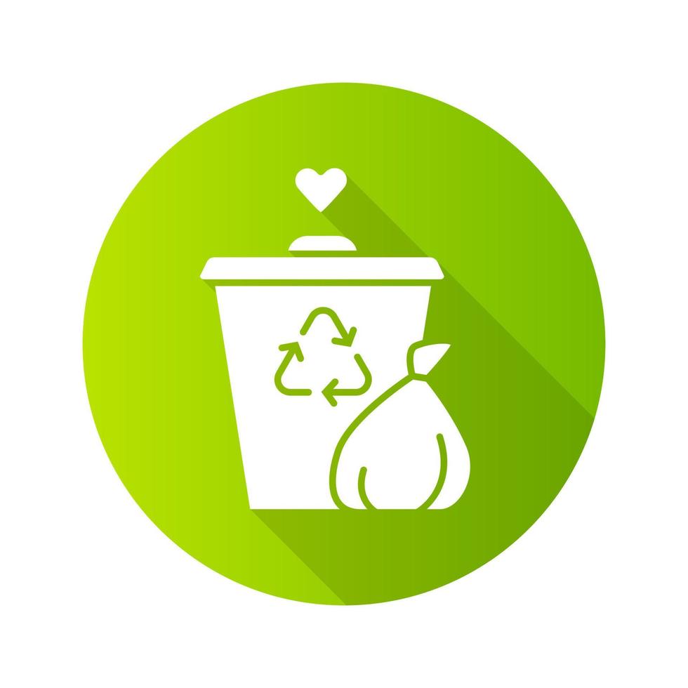 eliminação de lixo design plano ícone de glifo sombra longa. programa voluntário de gestão de resíduos. ajudar a separar o lixo. serviços de reciclagem e compostagem. ilustração em vetor silhueta