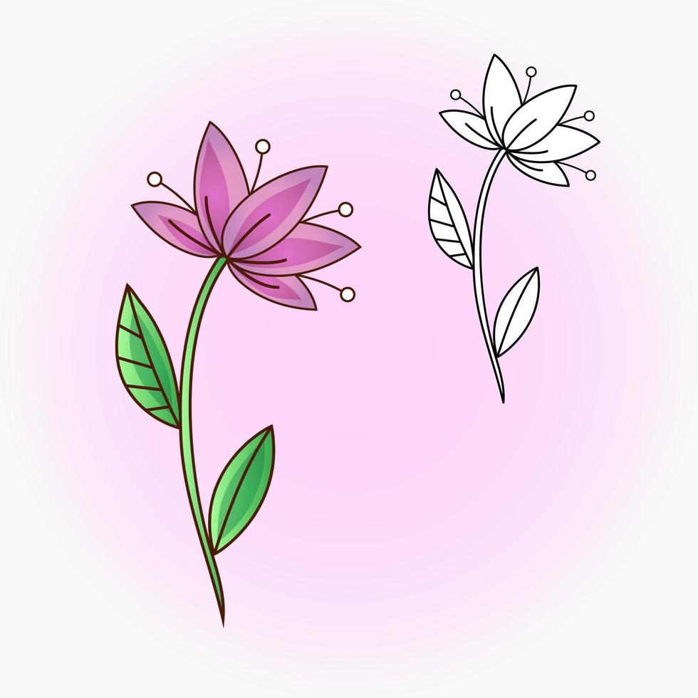 desenho vetorial de uma flor de lírio decorativo com estames e folhas. ilustração em vetor plana. ícone, adesivo. ilustração dos desenhos animados. página para colorir.