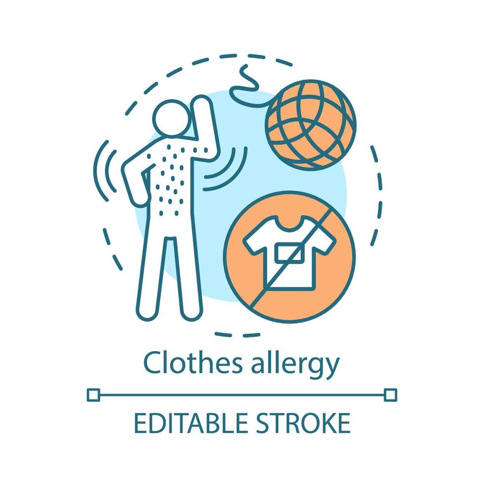 ícone do conceito de alergia de roupas. ilustração de linha fina de idéia de dermatite de contato têxtil. urticária, coceira na pele, sintomas de erupção cutânea. poliéster, nylon, alergia à lã. desenho de contorno isolado de vetor. traço editável vetor