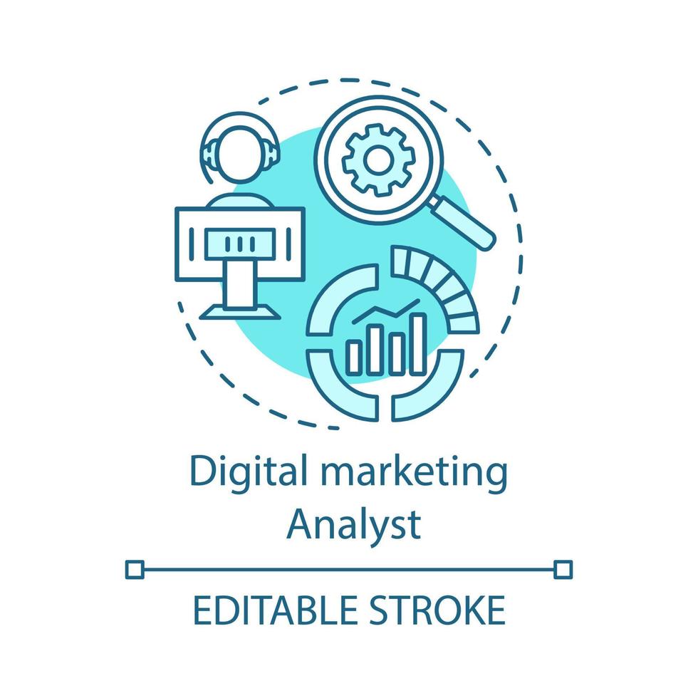 ícone do conceito turquesa de analista de marketing digital. ilustração de linha fina de idéia de especialidade de análise da web. análise estatística online. promoção de produtos. desenho de contorno isolado de vetor. traço editável vetor