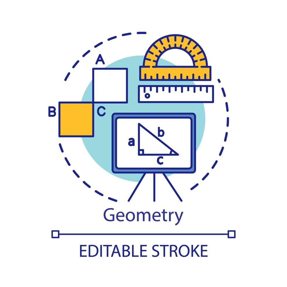 ícone do conceito de curso de geometria. formas geométricas, triângulo no quadro branco, ilustração de linha fina de ideia de problema matemático. matérias escolares. desenho de contorno isolado de vetor. traço editável vetor