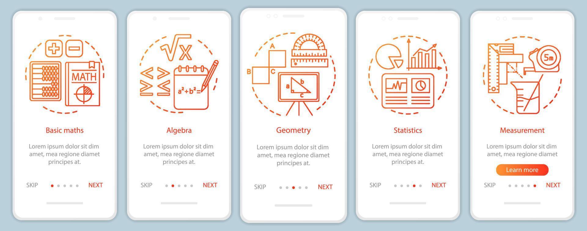 ferramenta educacional, estudando matemática onboarding modelo de vetor de tela de página de aplicativo móvel. site passo a passo cinco etapas com ilustrações lineares. ux, ui, gui conceito de interface de smartphone