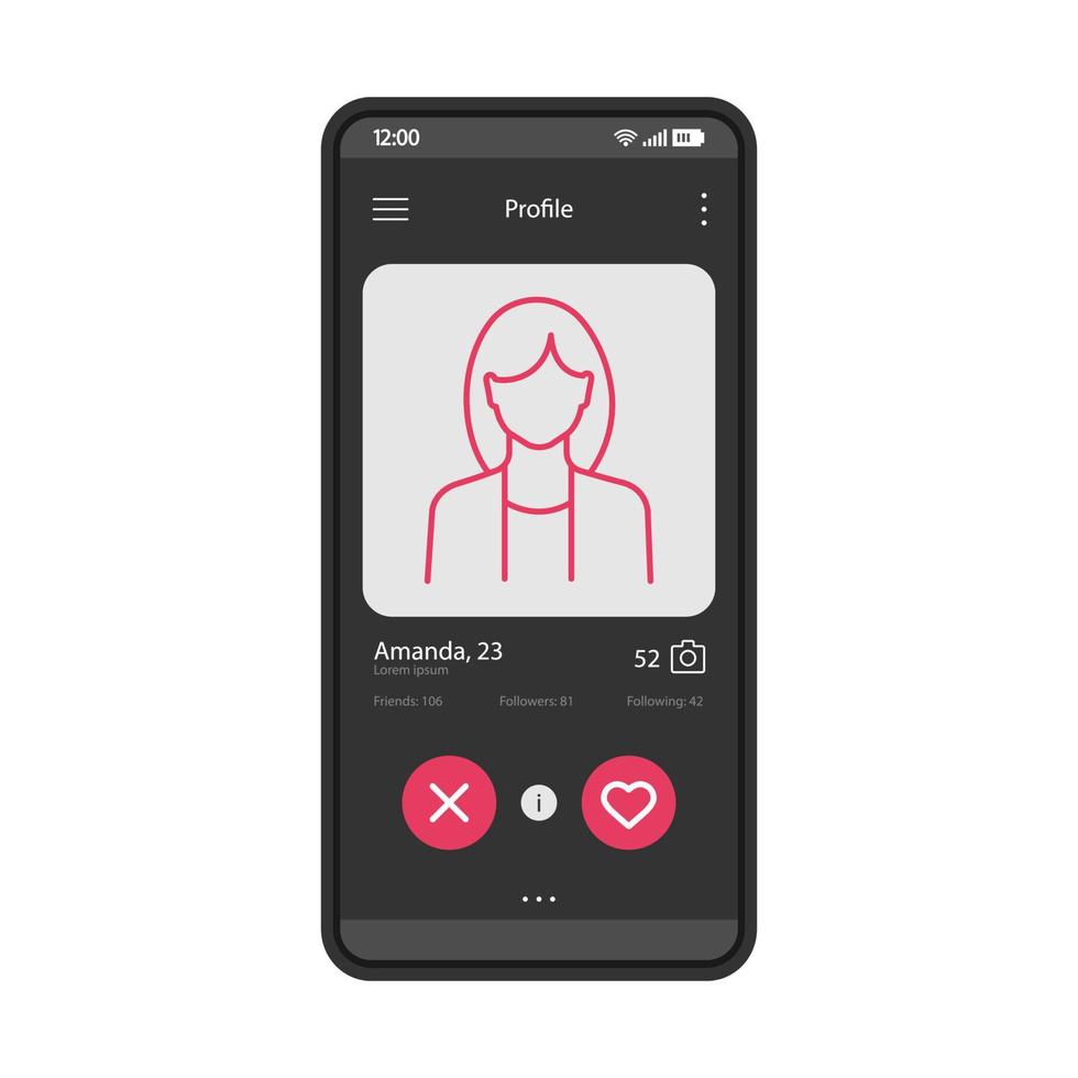 modelo de vetor de interface de perfil de aplicativo de namoro. layout de design preto de interface de aplicativo móvel. aplicativo de smartphone de namoro online. interface plana. visor do telefone com informações do perfil da mulher