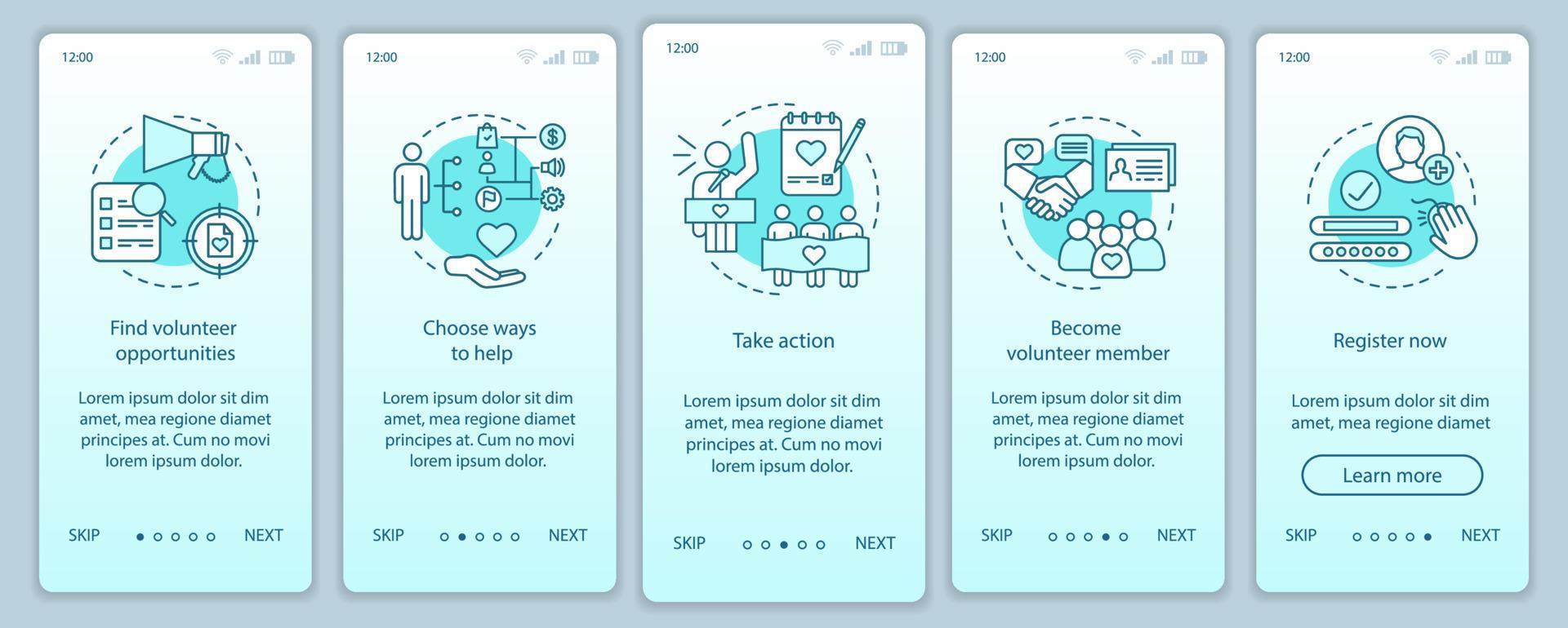 modelo de vetor de tela de página de aplicativo móvel de integração voluntária. ajuda humanitária. Passo a passo do site do programa voluntário com ilustrações lineares. ux, ui, gui conceito de interface de smartphone