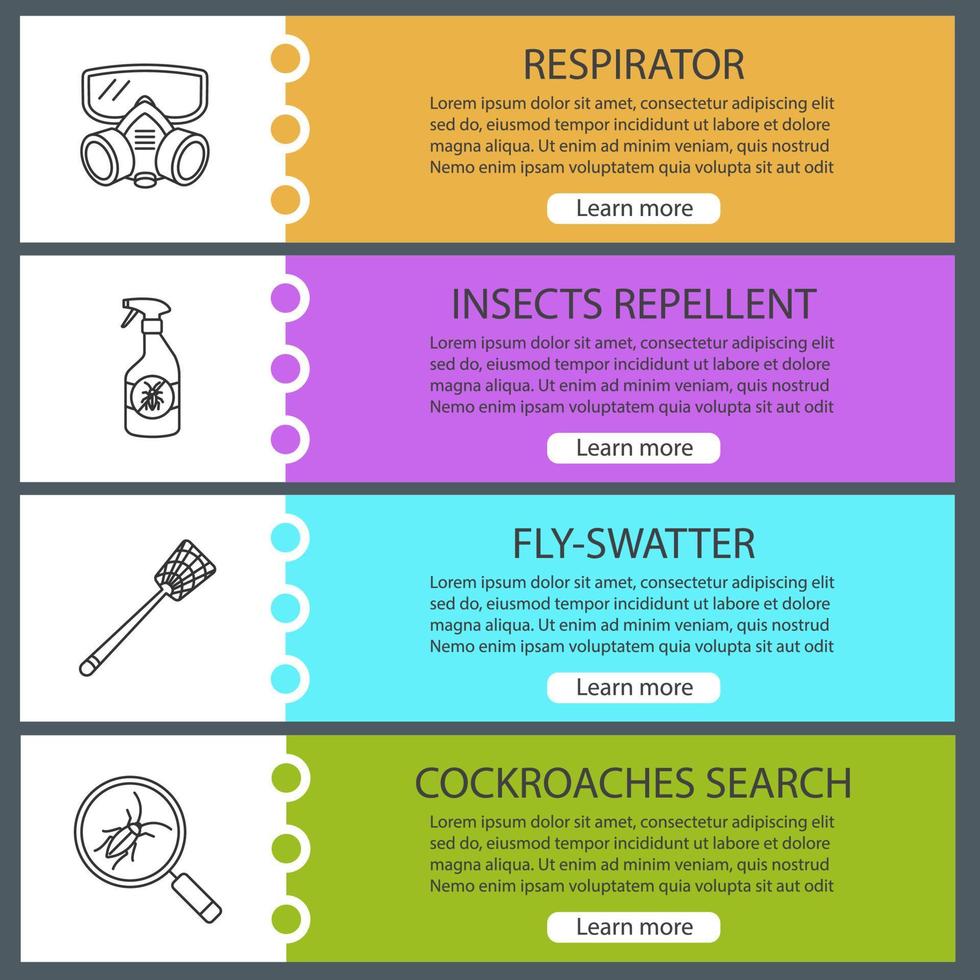 conjunto de modelos de banner da web de controle de pragas. respirador, repelente de insetos, mata-moscas, busca de baratas. itens do menu de cores do site. conceitos de design de cabeçalhos vetoriais vetor