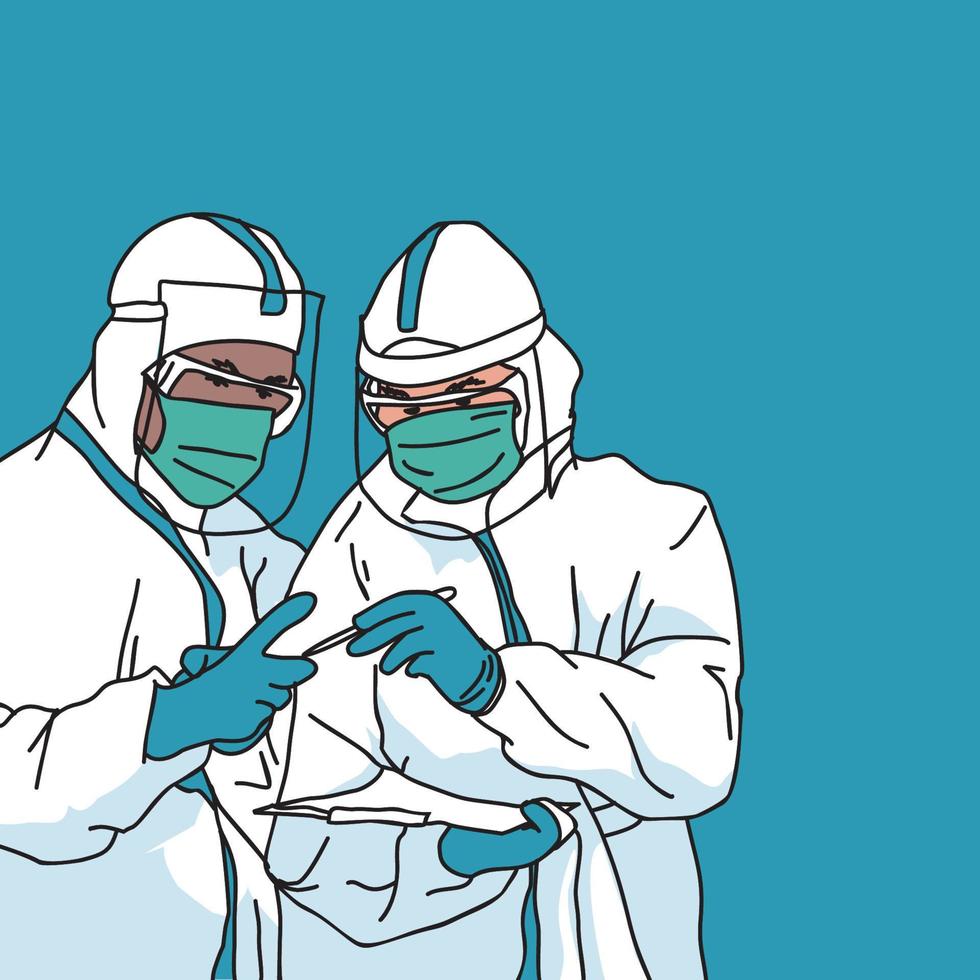ilustração de dois profissionais de saúde discutindo algo usando equipamento de proteção individual vetor
