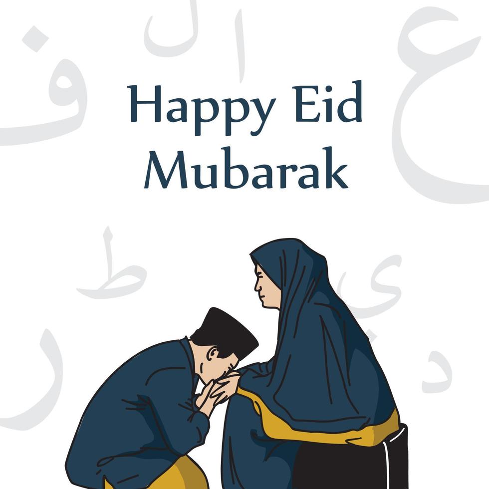 feliz eid mubarak saudação com uma ilustração de uma pessoa beijando a mão de sua mãe, com um fundo branco liso vetor