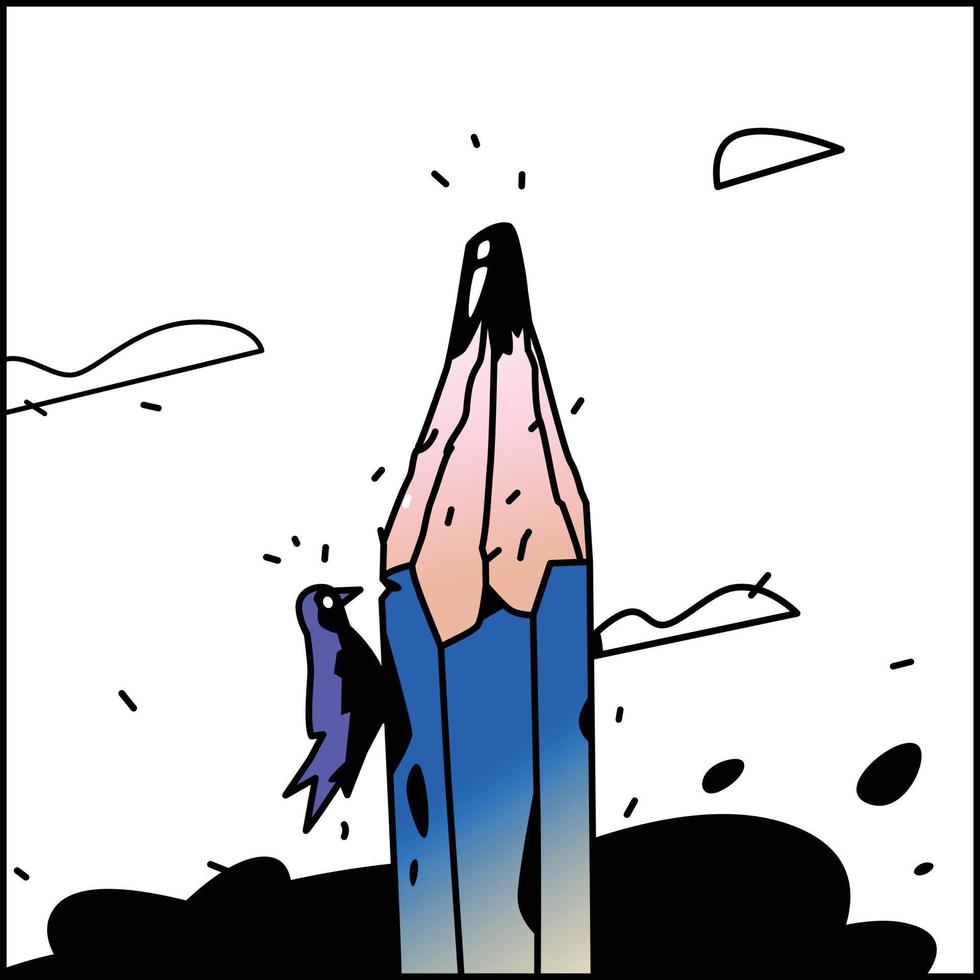 ilustração de um lápis e pica-pau. vetor. estilo simples dos desenhos animados. lápis azul no céu entre as nuvens. símbolo de criatividade e criatividade. imagem do logotipo para o estúdio. vetor