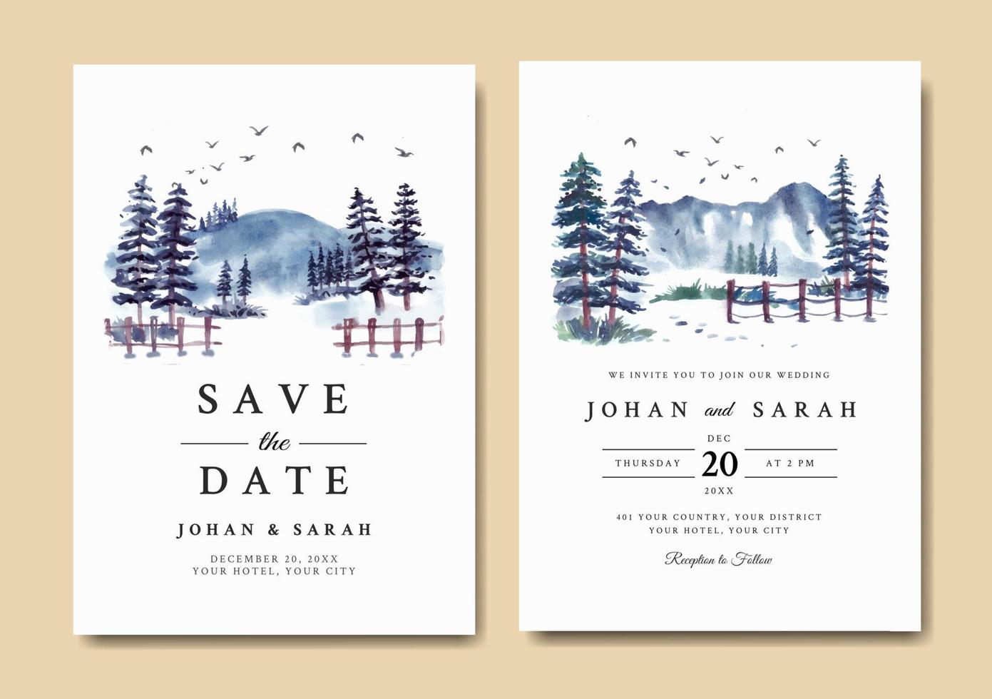 convite de casamento de paisagem de inverno com aquarela de pinheiros frescos azuis vetor