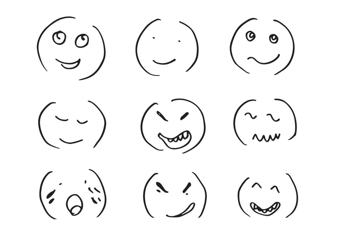 conjunto de emoticons desenhados à mão, vetor em fundo branco.