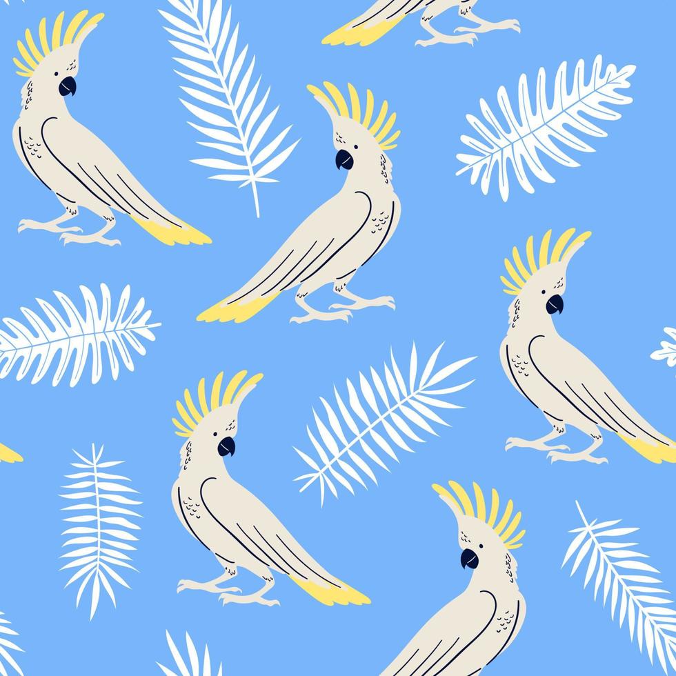 padrão sem emenda de vetor com folhas tropicais, palmeiras, samambaias e papagaios. cacatua guarda-chuva. ilustração de verão em fundo azul