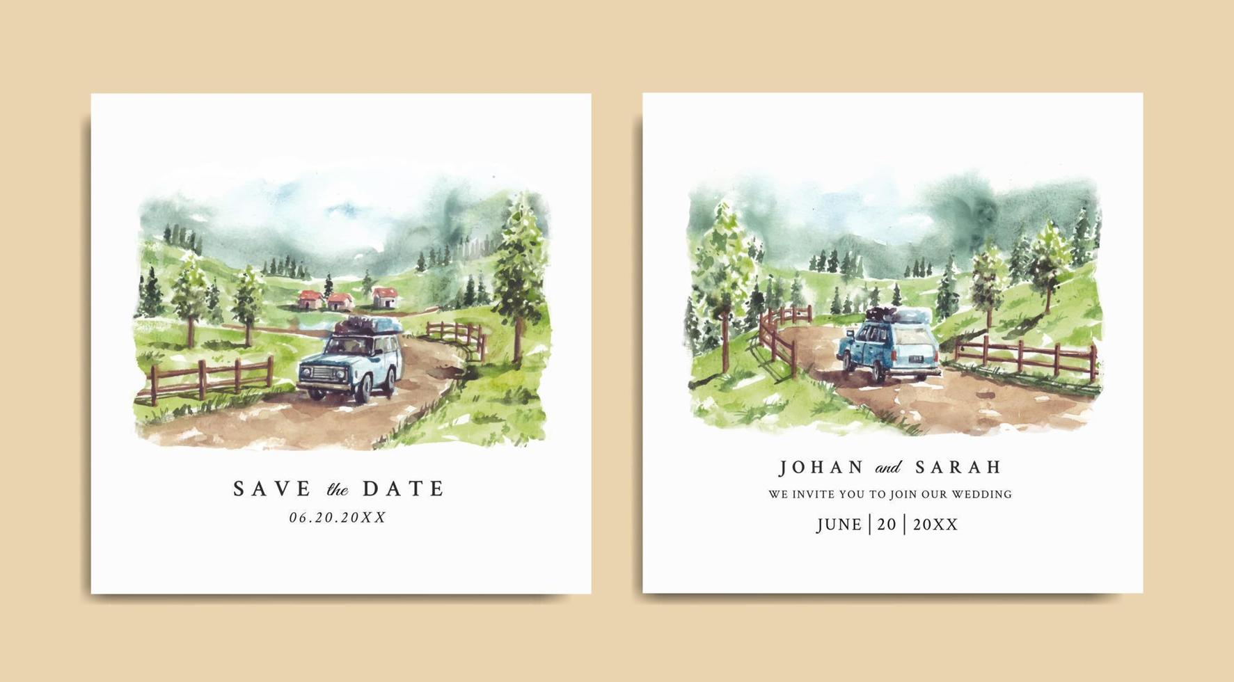 conjunto de convite de casamento em aquarela de paisagem natural com viagem vetor