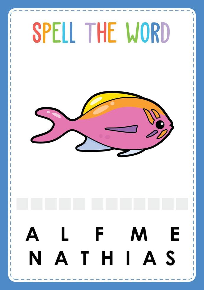 planilha de ortografia encontre o jogo de letras que faltam para crianças com a palavra peixe do mar vetor