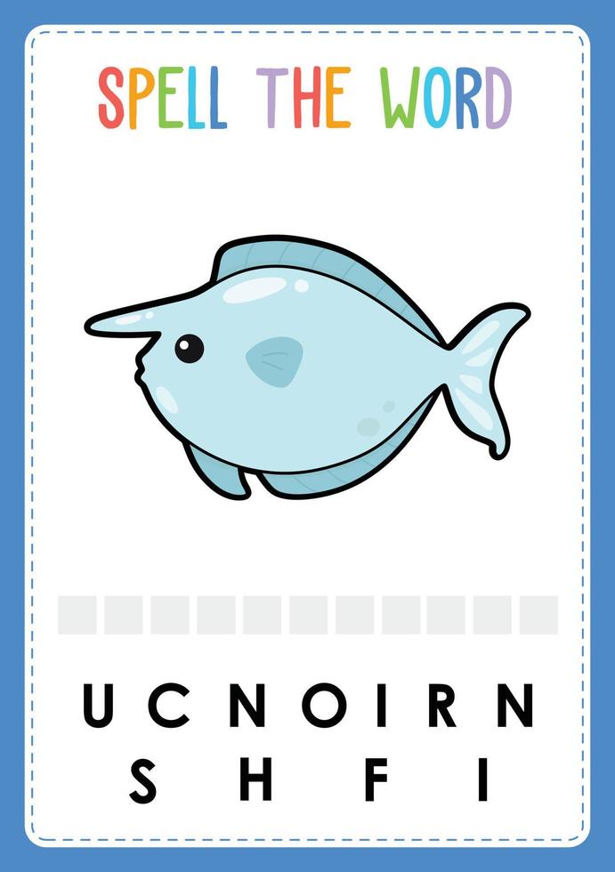 planilha de ortografia encontre o jogo de letras ausentes para crianças com a palavra peixe do mar vetor