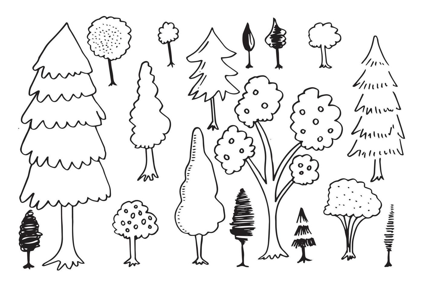 doodle park forest coníferas silhuetas abstratas árvores delineadas em conjunto de coleta de cor preta vetor