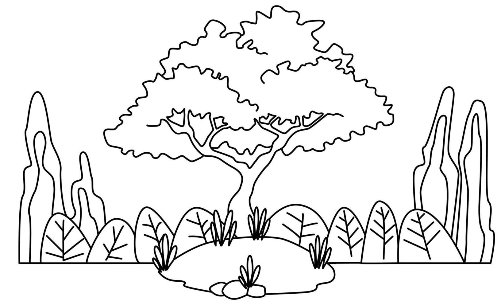 ilustração de uma árvore e paisagem em preto e branco para livro de colorir. vetor