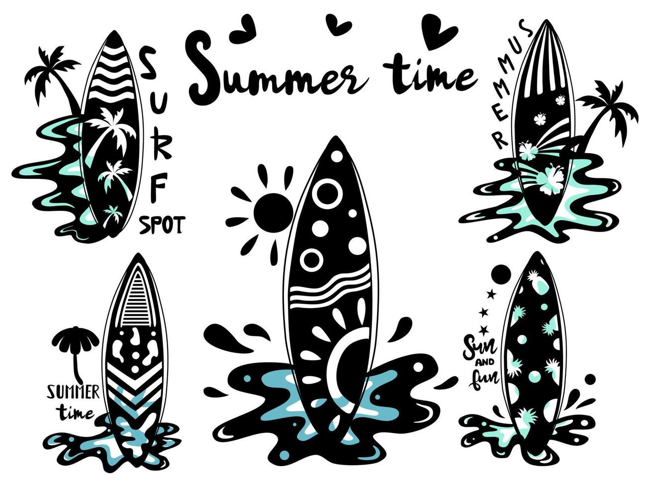 padrão de prancha de surf projetado em tons de preto doodle e estilo vintage vetor