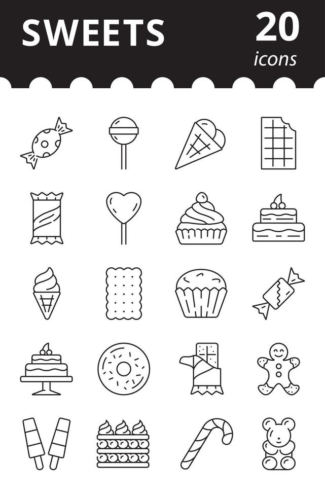 ícones de linha de vetor de sobremesas e doces. pictograma de bolos e biscoitos. ilustração de comida simples.