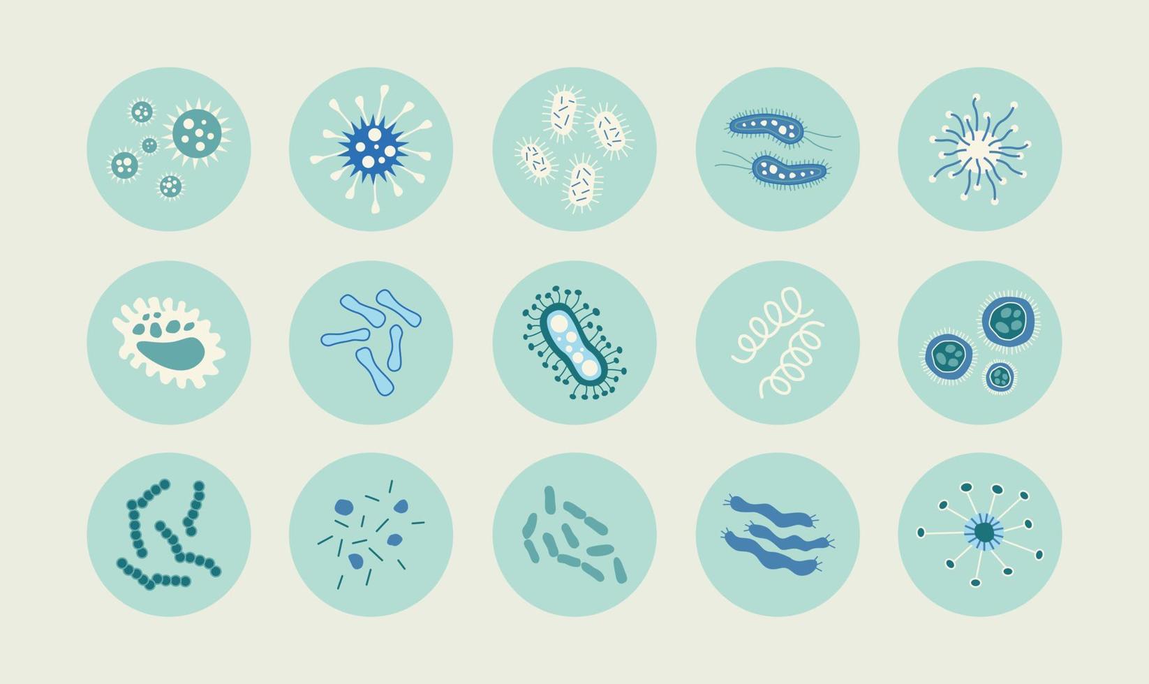 defina o ícone de diferentes pacotes de microrganismos infecciosos isolados. coleção de desenhos animados de germes infecciosos, protestos, micróbios. um monte de doenças que causam bactérias, vírus. vetor