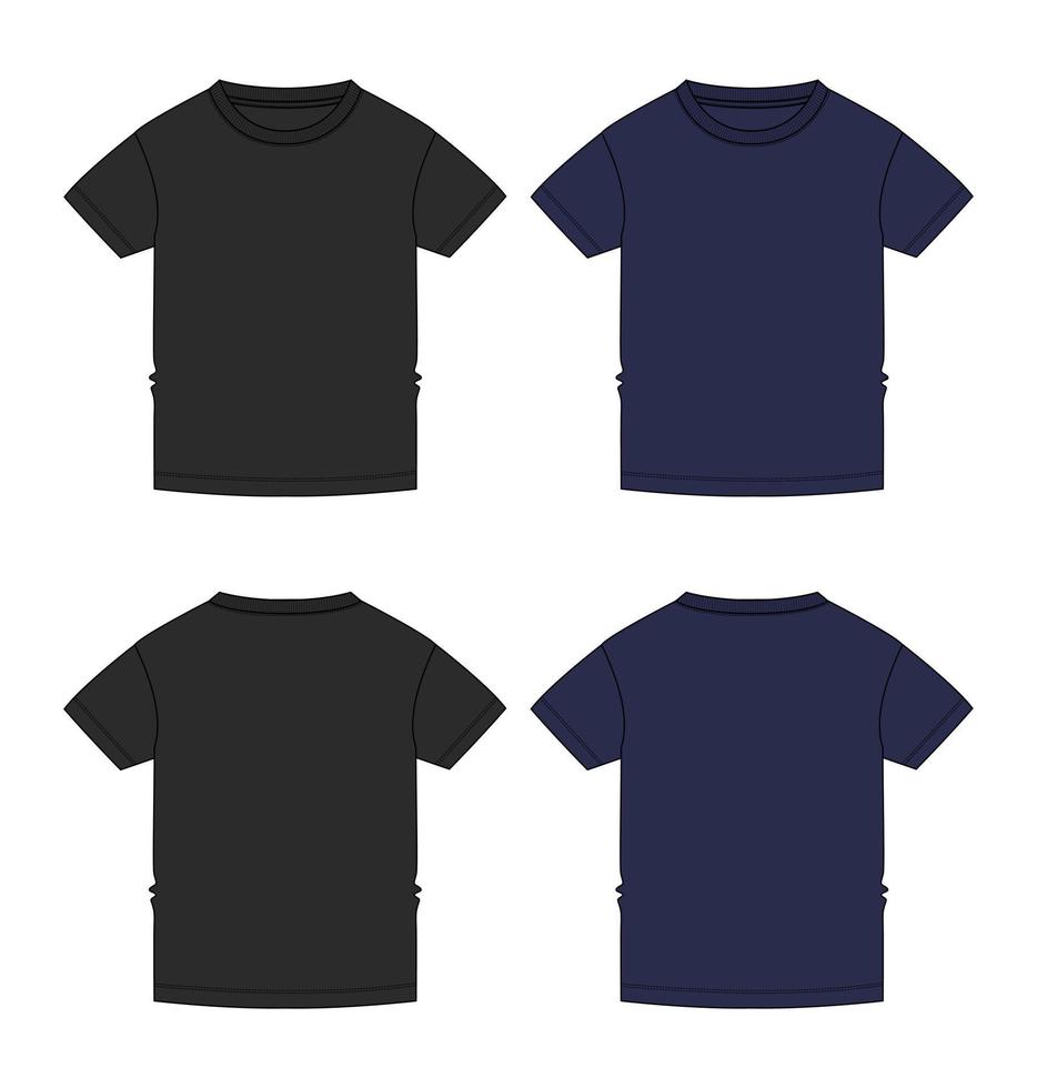 t-shirt básica de manga curta geral técnica de moda plana esboço ilustração vetorial preto e cor da marinha mock up modelo para crianças e meninos. vetor