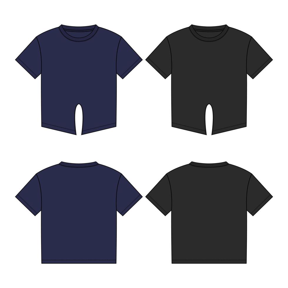 t shirt tops técnica de moda plana esboço ilustração vetorial preto e marinho modelo de cores frente e verso vistas isoladas no fundo branco. vetor
