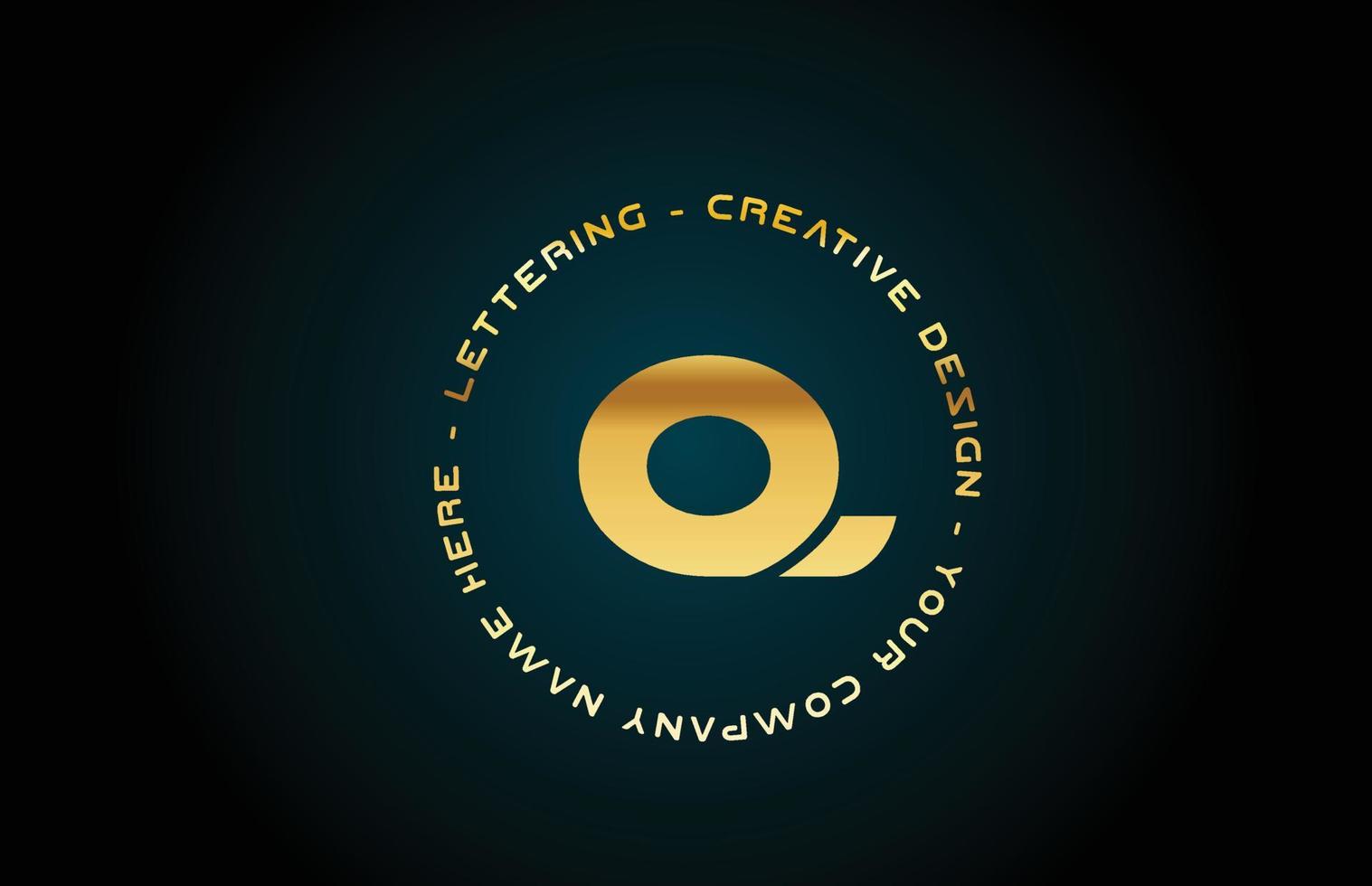 ouro q design de ícone do logotipo da letra do alfabeto com texto. modelo criativo dourado para negócios e empresas com círculo vetor