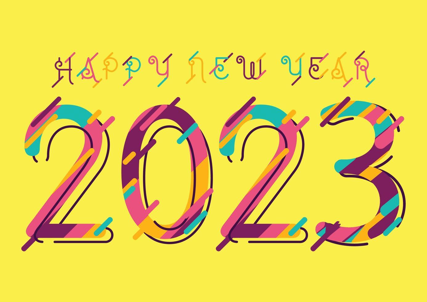 Cartão de feliz ano novo de 2023 com números coloridos abstratos para design de brochura ou capa de diário de negócios. ilustração vetorial. vetor