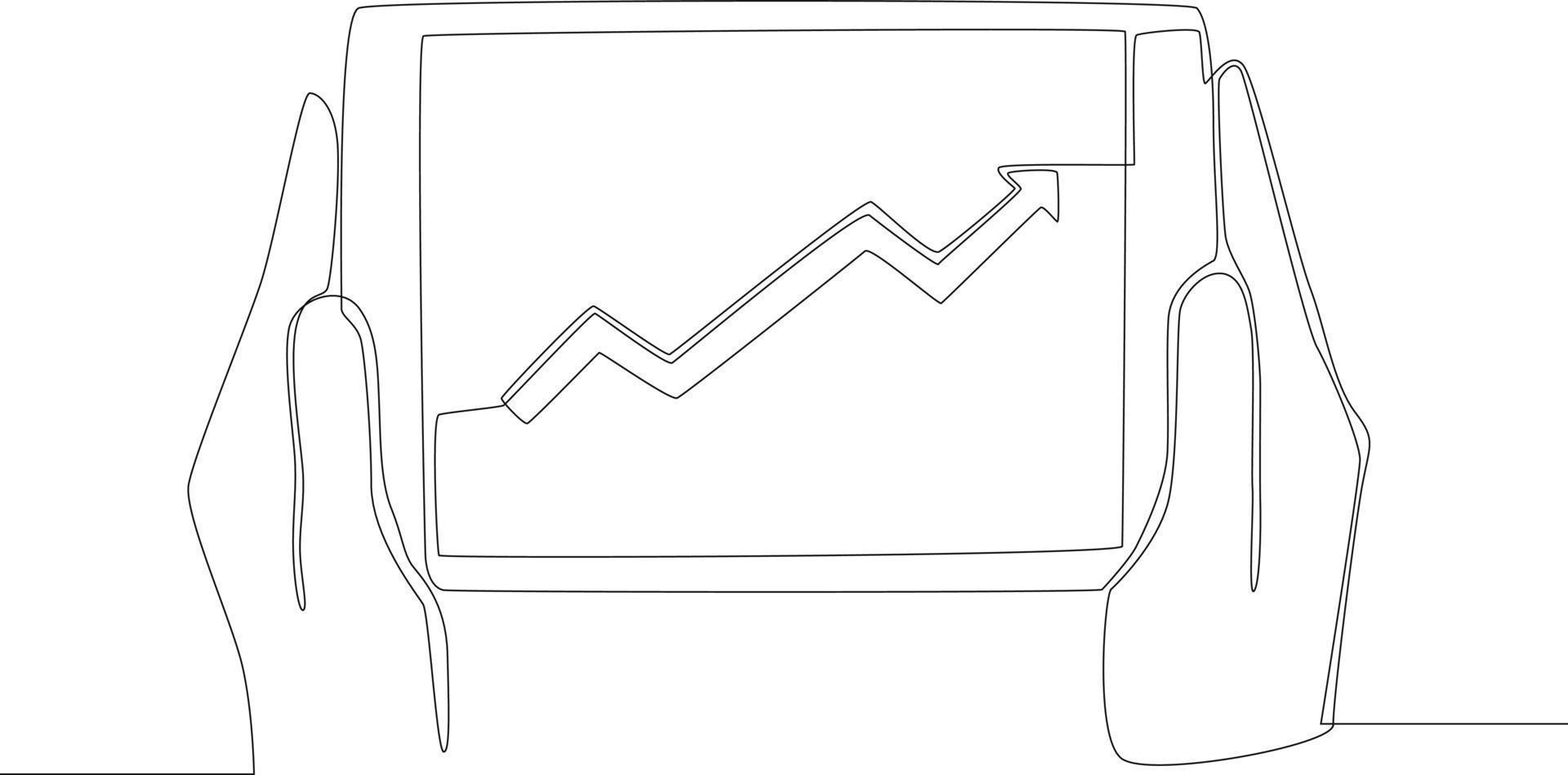 único gráfico de negociação de desenho de linha contínua seta para cima no tablet. uma linha desenhar ilustração em vetor design gráfico.