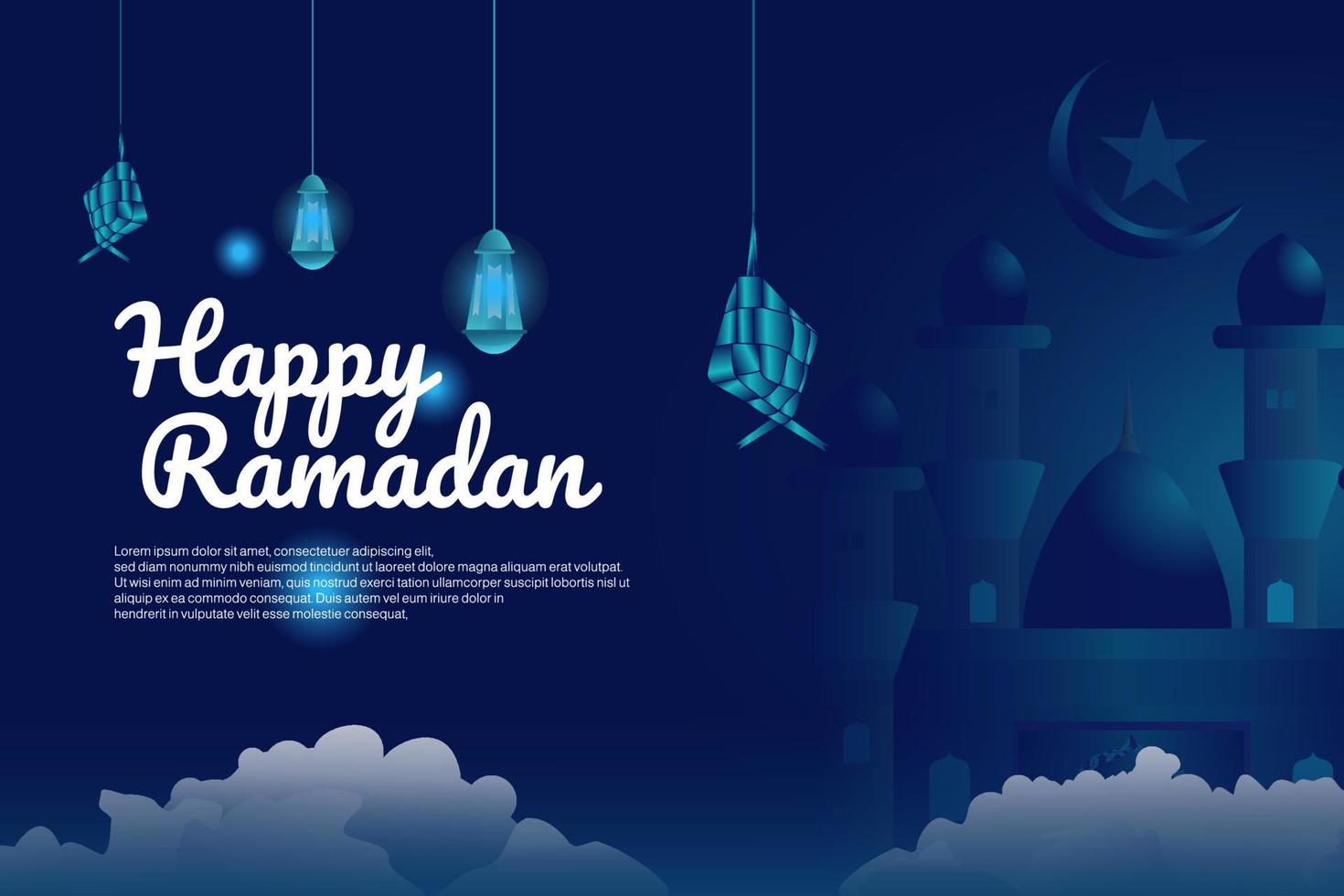 feliz ramadã fundo com cor azul escuro, decorado com luzes e diamantes vetor