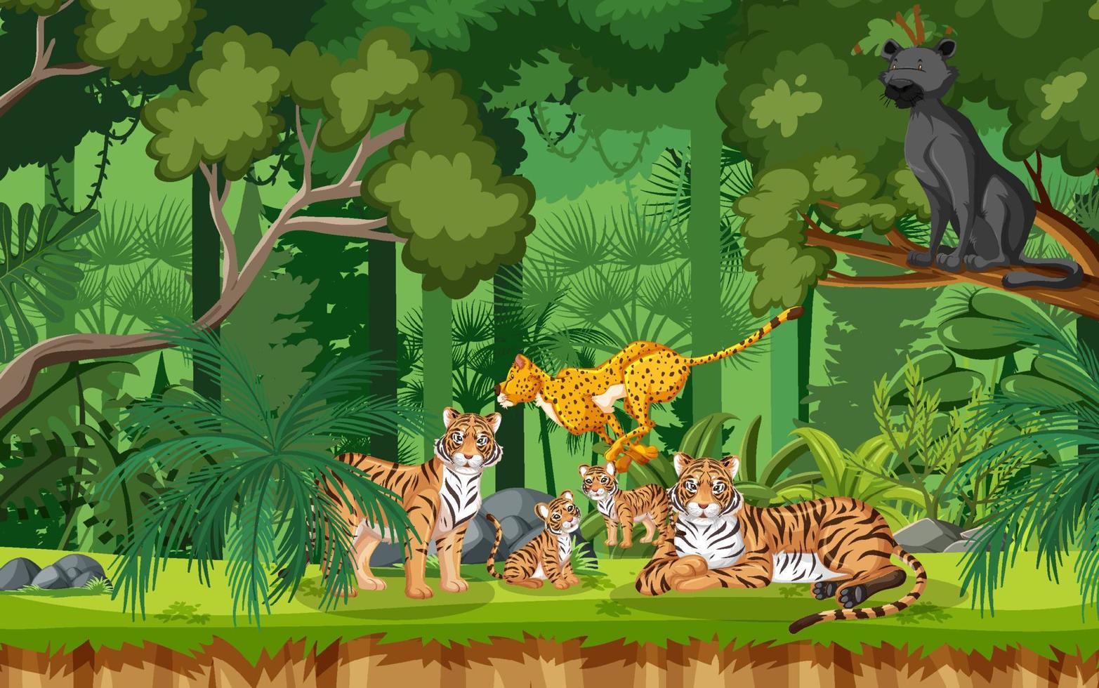 cena da floresta com vários animais selvagens vetor