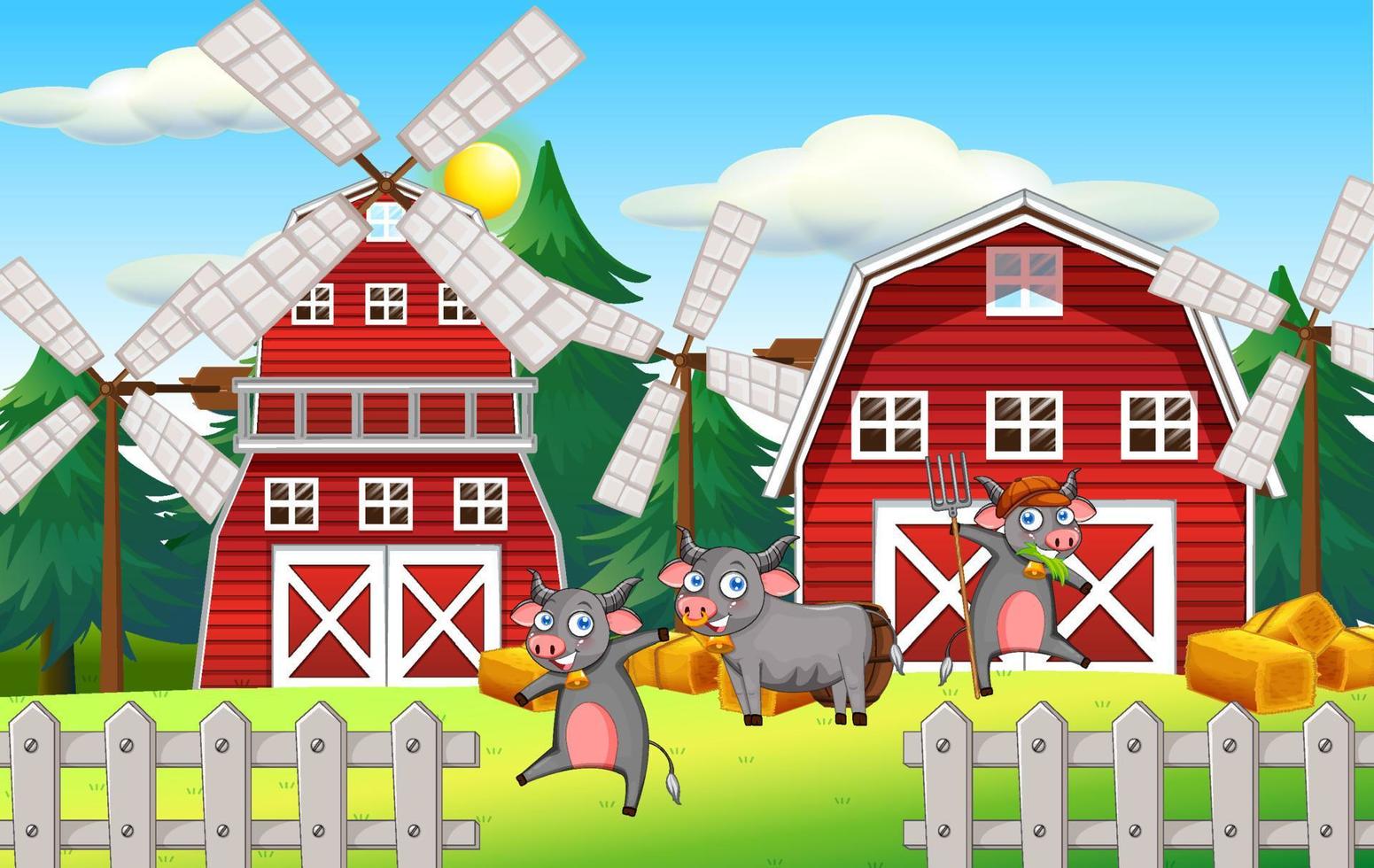 cena de fazenda com três vacas no campo vetor