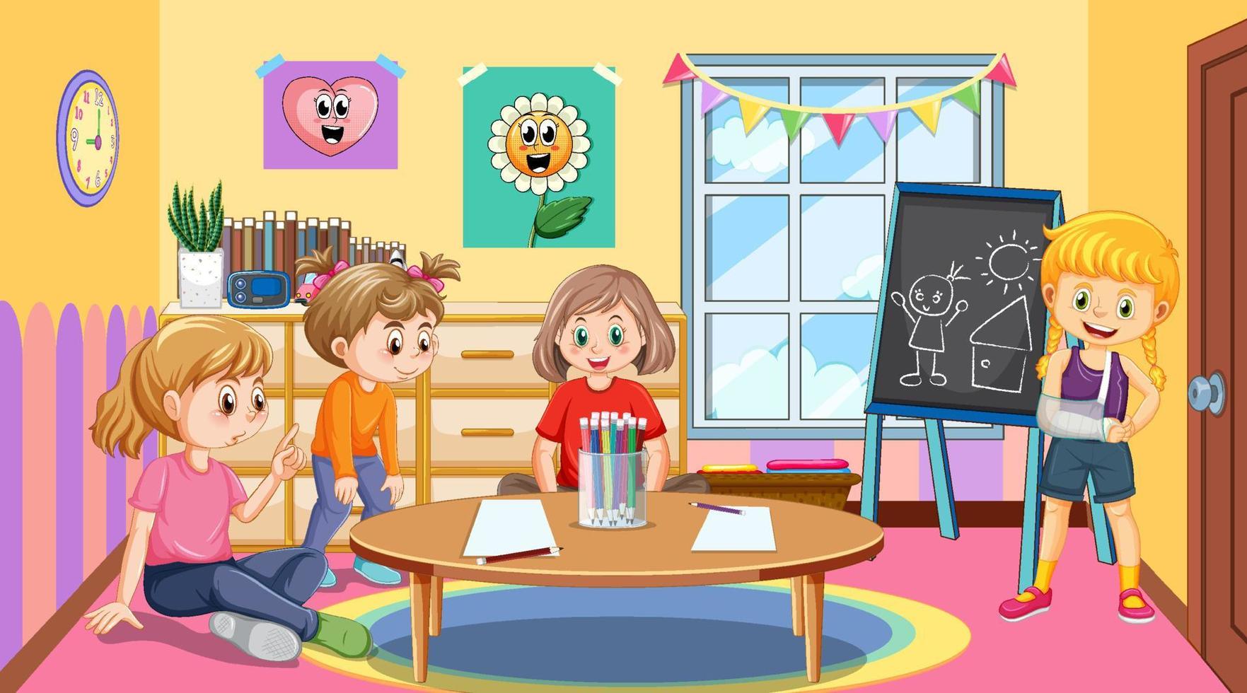 cena de sala de aula do jardim de infância com crianças vetor