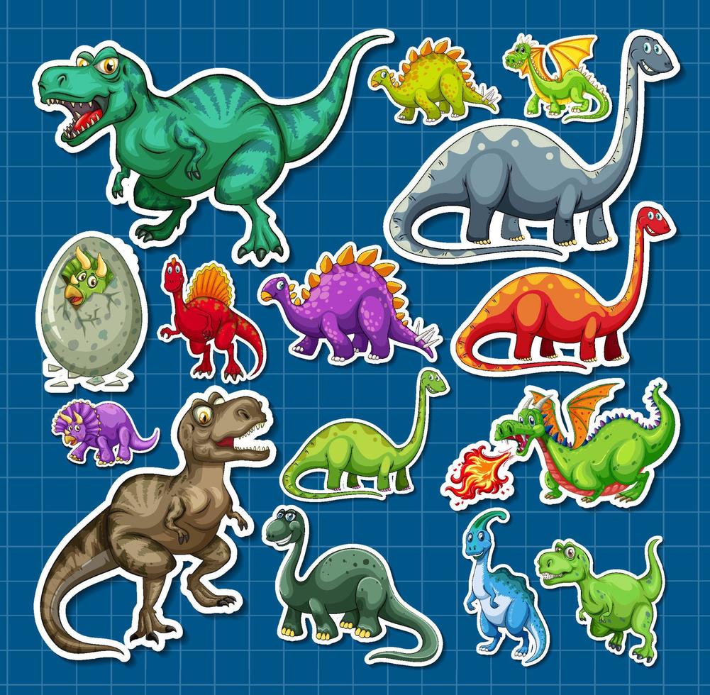 conjunto de adesivos de diferentes personagens de desenhos animados de dinossauros vetor