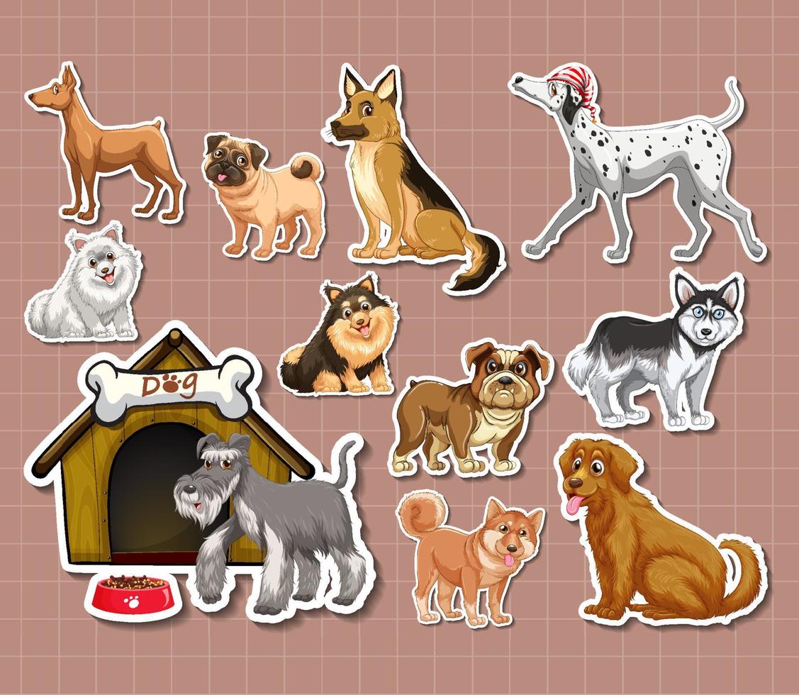 conjunto de adesivos de desenhos animados de cães diferentes vetor