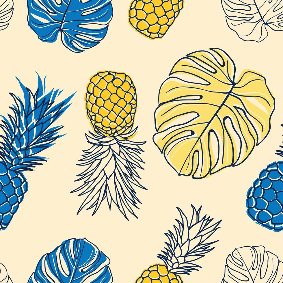 folhas florais tropicais, folhas de palmeira, monstera, abacaxi sem costura de fundo. papel de embrulho exótico da selva. bela impressão com plantas exóticas desenhadas à mão. design de verão para moda, impressão vetor