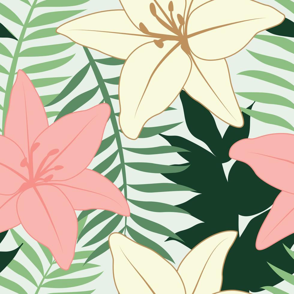 lindas flores de lírio tropical e folhas de design de padrão sem emenda. folhas tropicais, fundo sem costura floral folha monstera. ilustração brasileira na moda vetor