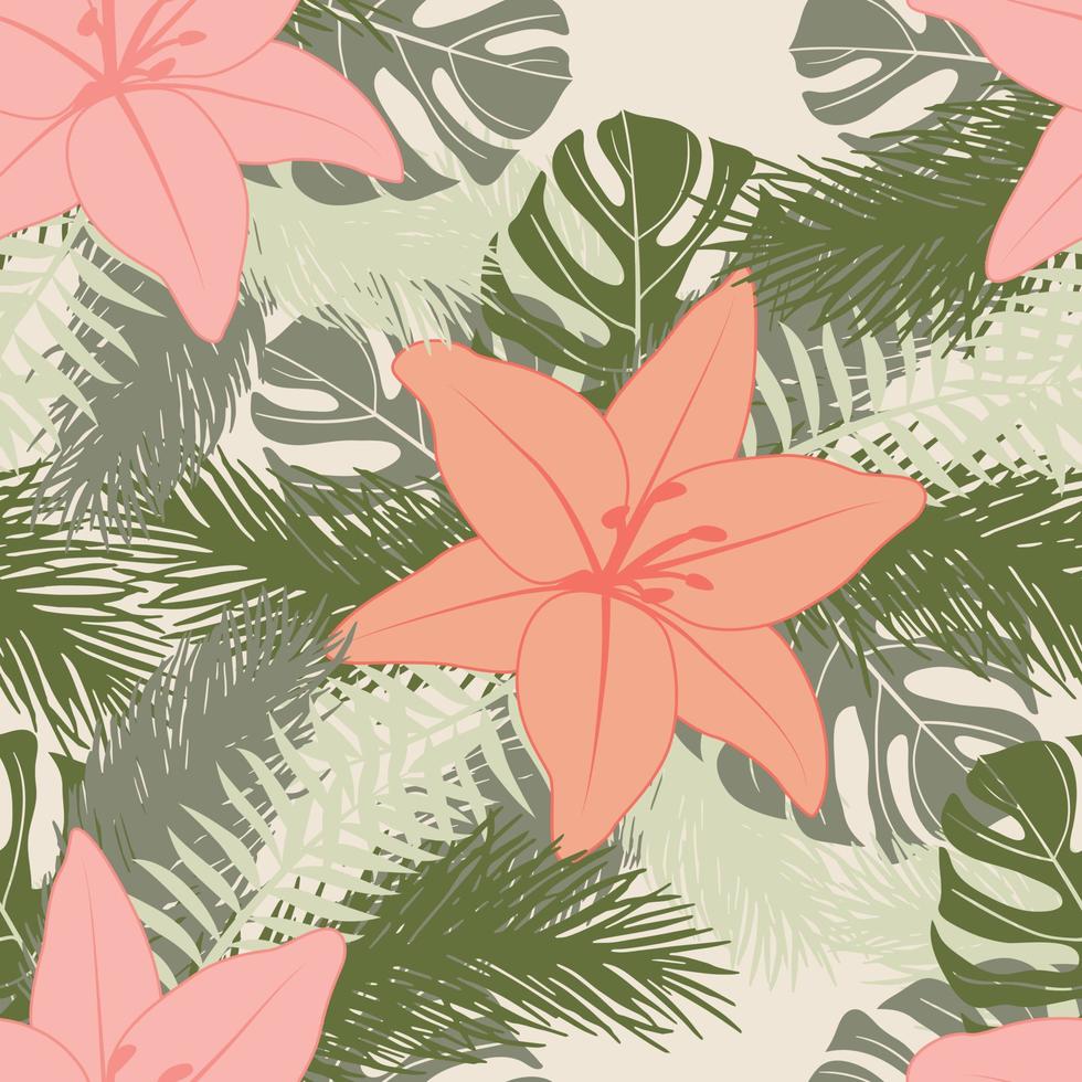 lindas flores de lírio tropical e folhas de design de padrão sem emenda. folhas tropicais, fundo sem costura floral folha monstera. ilustração brasileira na moda vetor