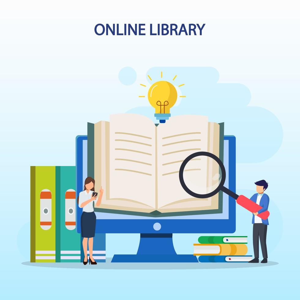 conceito de biblioteca online, biblioteca online para educação, conceito de referência online, livro, literatura ou e-learning. vetor plano