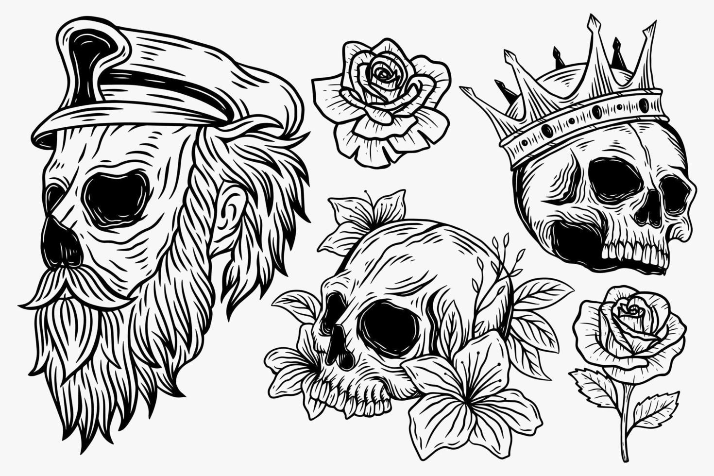 definir os ossos da cabeça do crânio de ilustração escura desenhados à mão estilo de contorno de incubação para mercadoria de tatuagem t-shirt merch vintage vetor