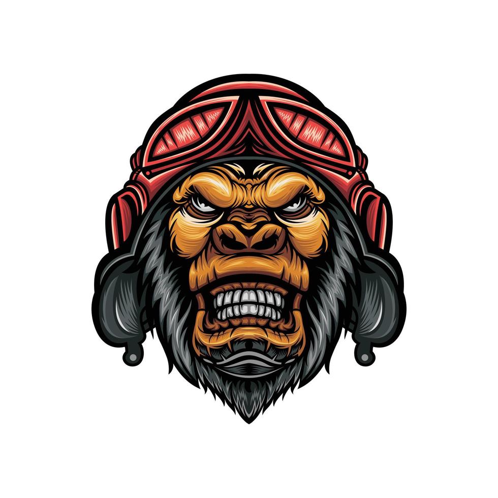 design de ilustração de cabeça de gorila usando capacete vetor