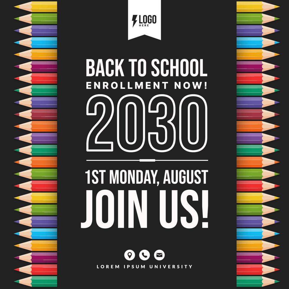 bem-vindo de volta ao fundo da escola com lápis coloridos, conceito de modelos de educação para convite, banner e pôster vetor
