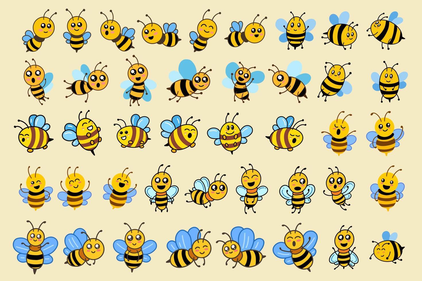 definir mega coleção pacote animal de mel de abelha bonito com pose diferente clipart de desenho animado infantil mascote de abelha design plano vetor