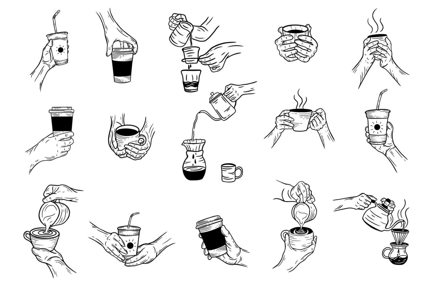 conjunto mega coleção pacote mão desenhada segurar café creme bebida loja de sobremesas copo de vidro menu café restaurantes ilustração vetor