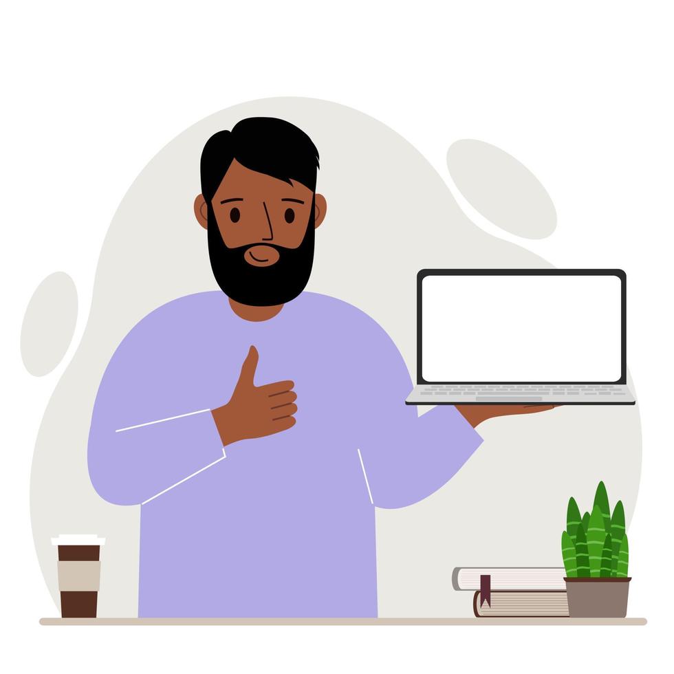 um homem segura um laptop na mão e mostra um sinal de polegar para cima. conceito de tecnologia de computador portátil. ilustração em vetor plana.
