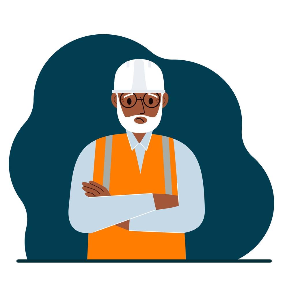 trabalhador da construção civil masculino triste em um capacete branco e um colete laranja. ilustração vetorial plana vetor