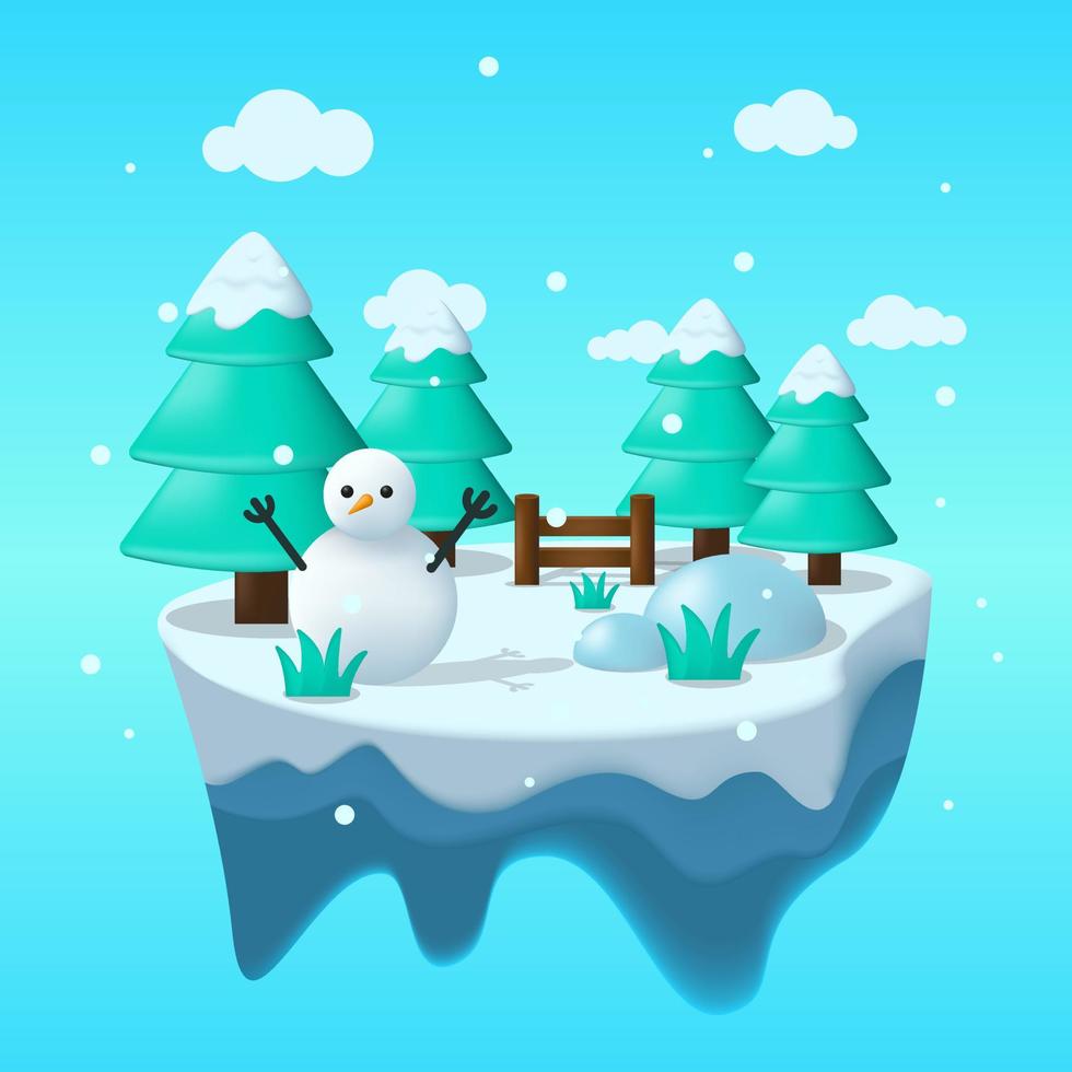 ilha de inverno flutuante em ilustração plana com homem de neve e panorama de gelo. ilustração de ilha de gelo. fundo de vetor de inverno apto para capa, ilustração, banner, cartaz ect.