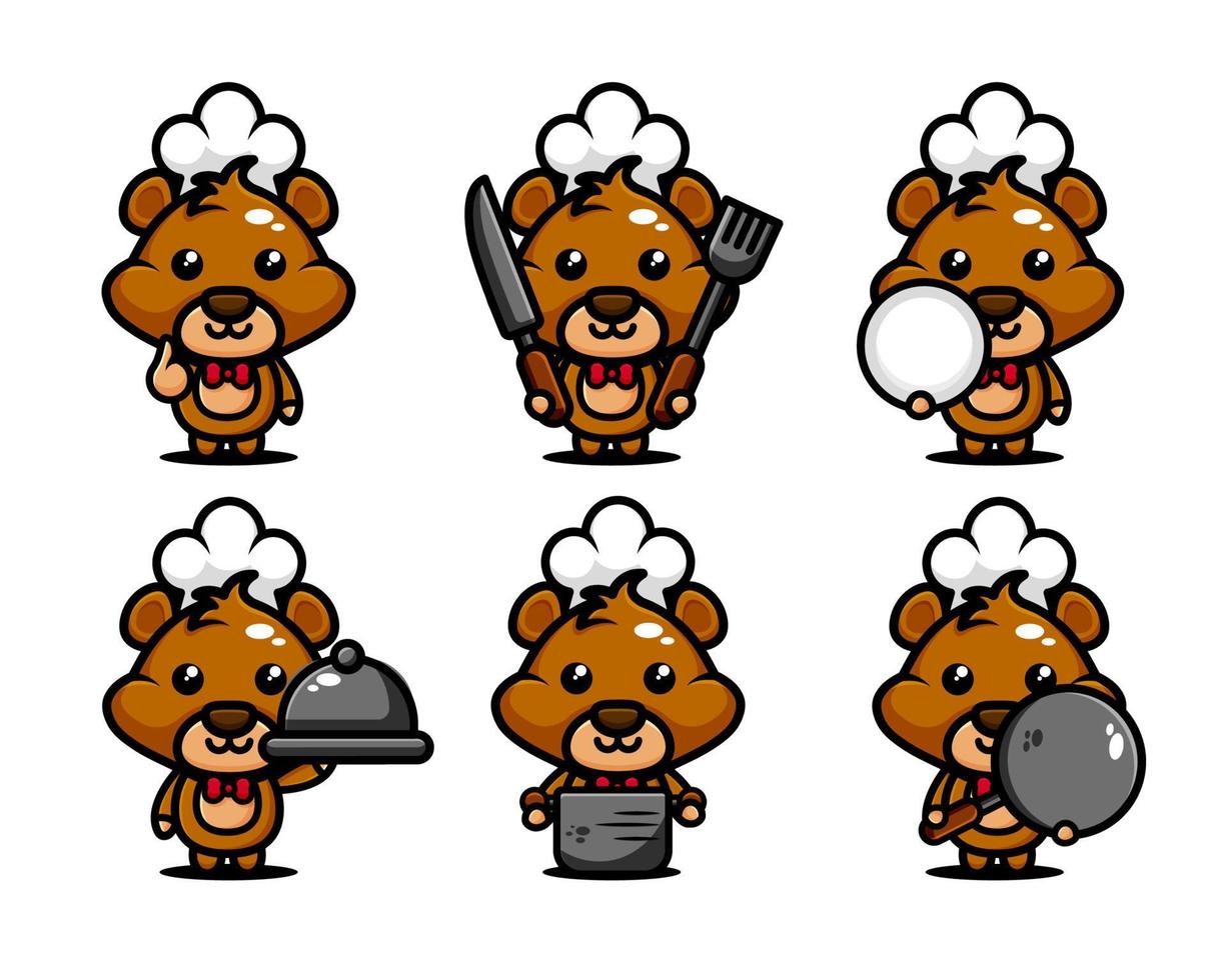 conjunto de design de personagens de chef de urso fofo com equipamento de cozinha vetor