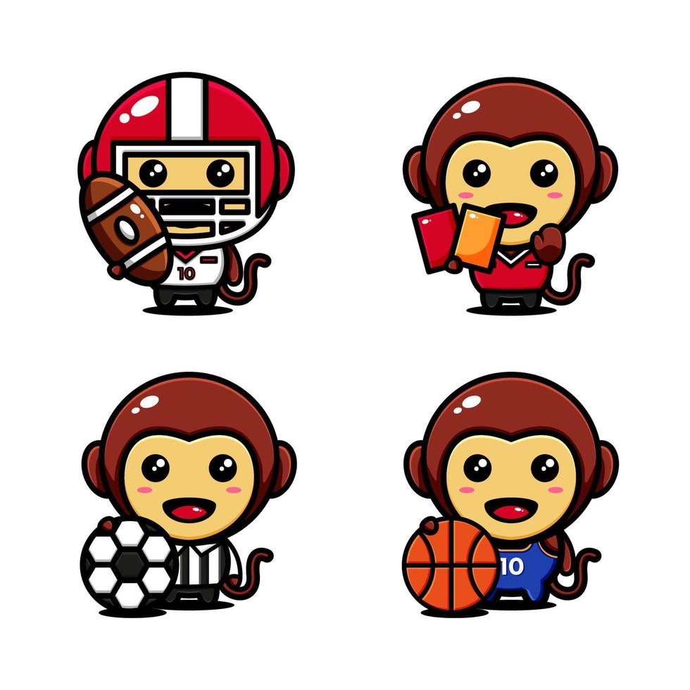 conjunto de design de personagens de macaco fofo ator de esporte temático, futebol, basquete, rugby, juiz vetor