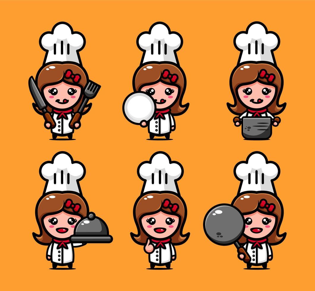 conjunto de design de personagens de chef fofo com equipamento de cozinha vetor